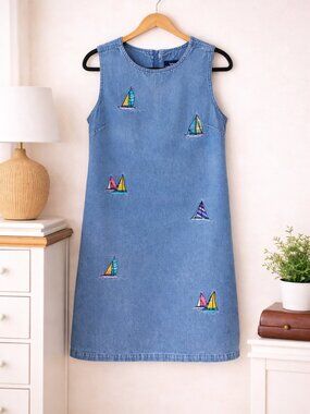 Vintage TY Wear Denim Sailboat Embroidered Shift Dress Coastal Nautical Size 10